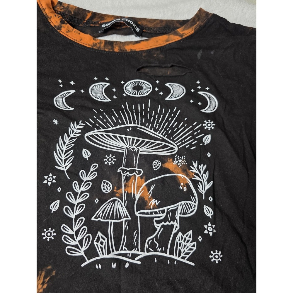 Sofia's Choice Womens L Mushroom Crop Top Black Orange Distressed Celestial Tee